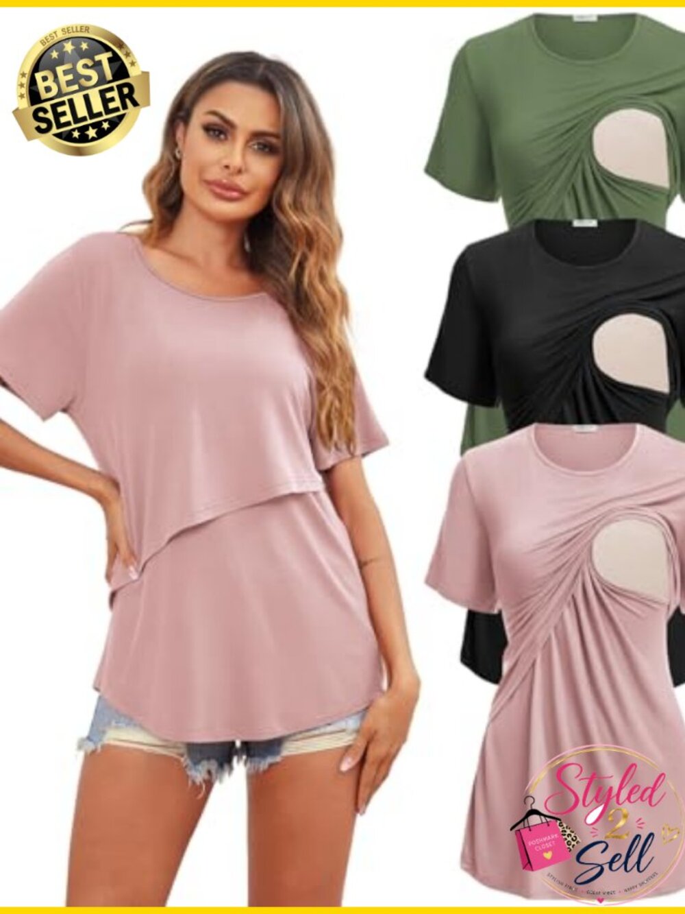 3 Pack Nursing Tops Short Sleeve Breastfeeding Maternity Tees